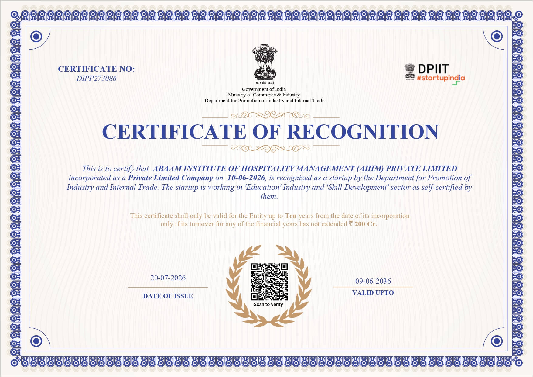 DPIIT recognition certificate secured by SNB Consultancy for ABAAM