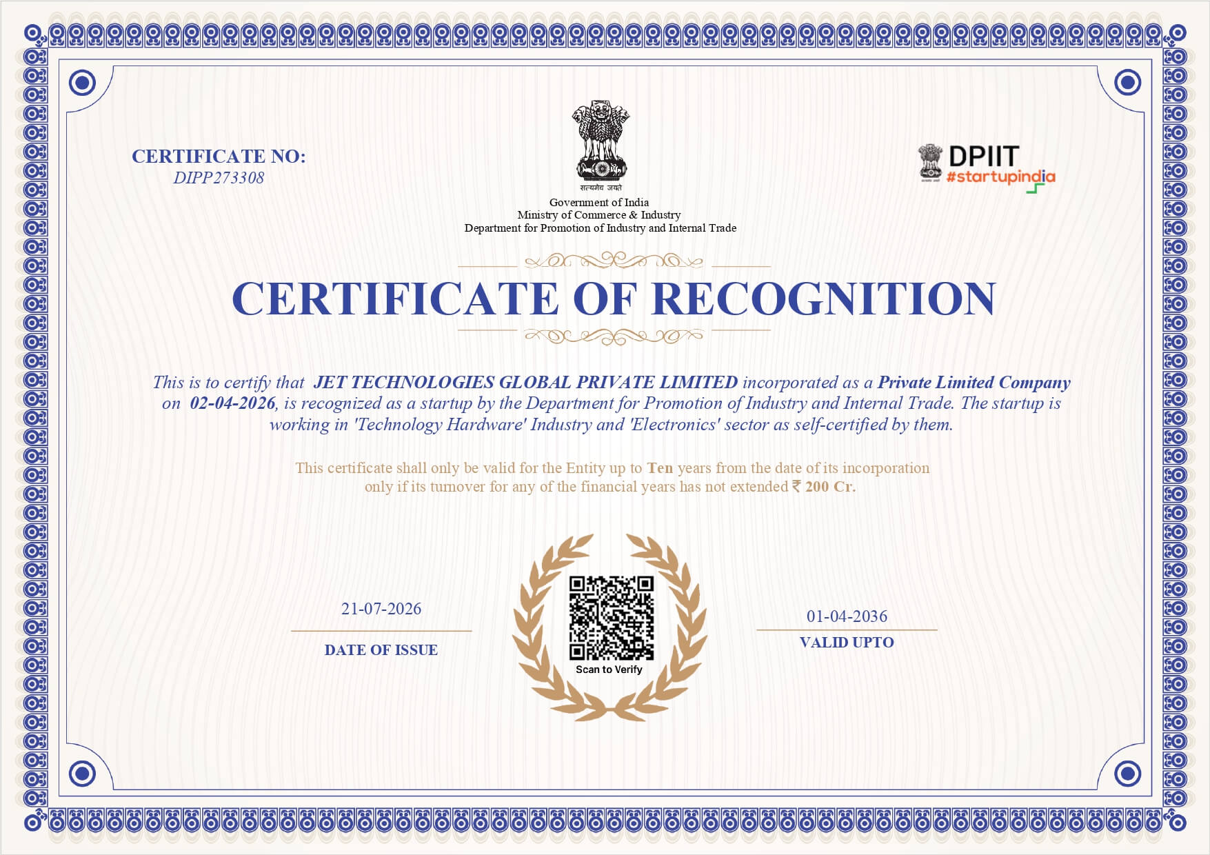 DPIIT recognition certificate secured by SNB Consultancy for JET Technologies