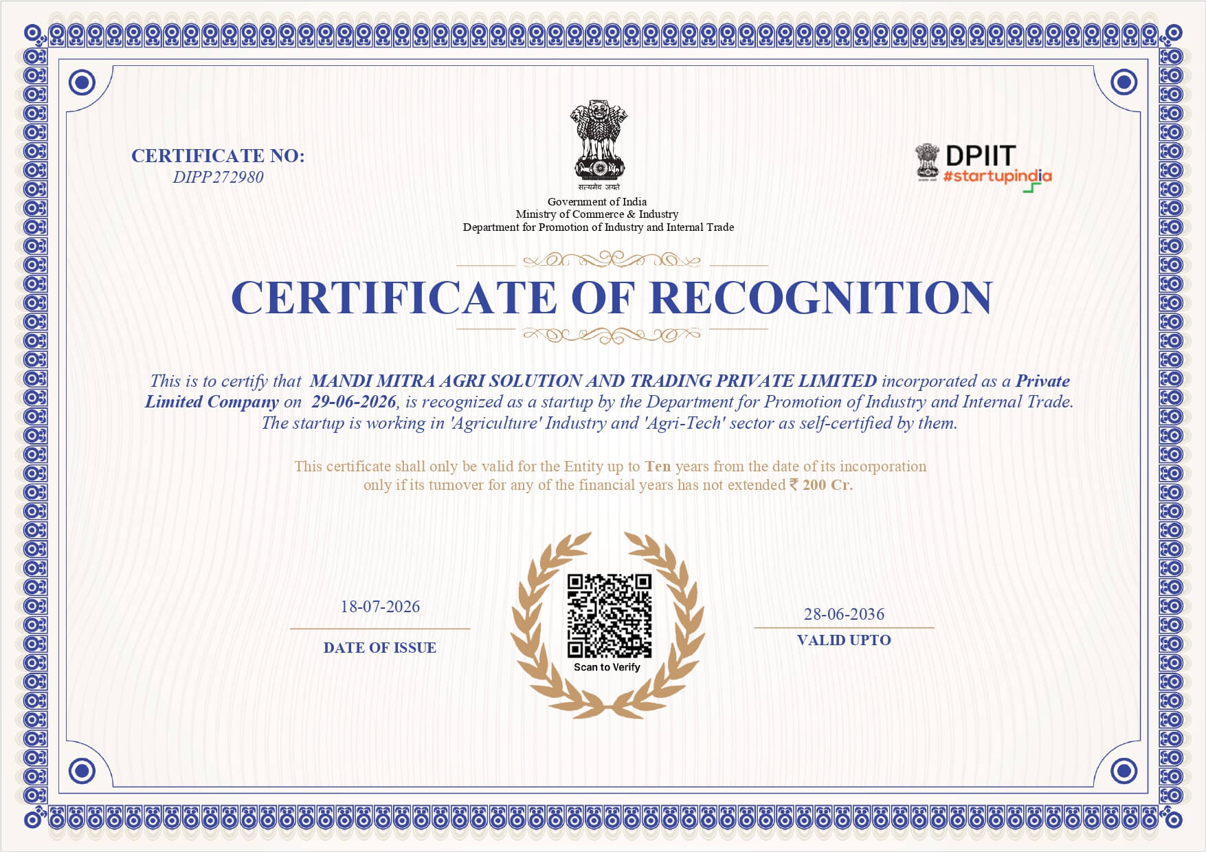 DPIIT recognition certificate secured by SNB Consultancy for Mandi Mitra