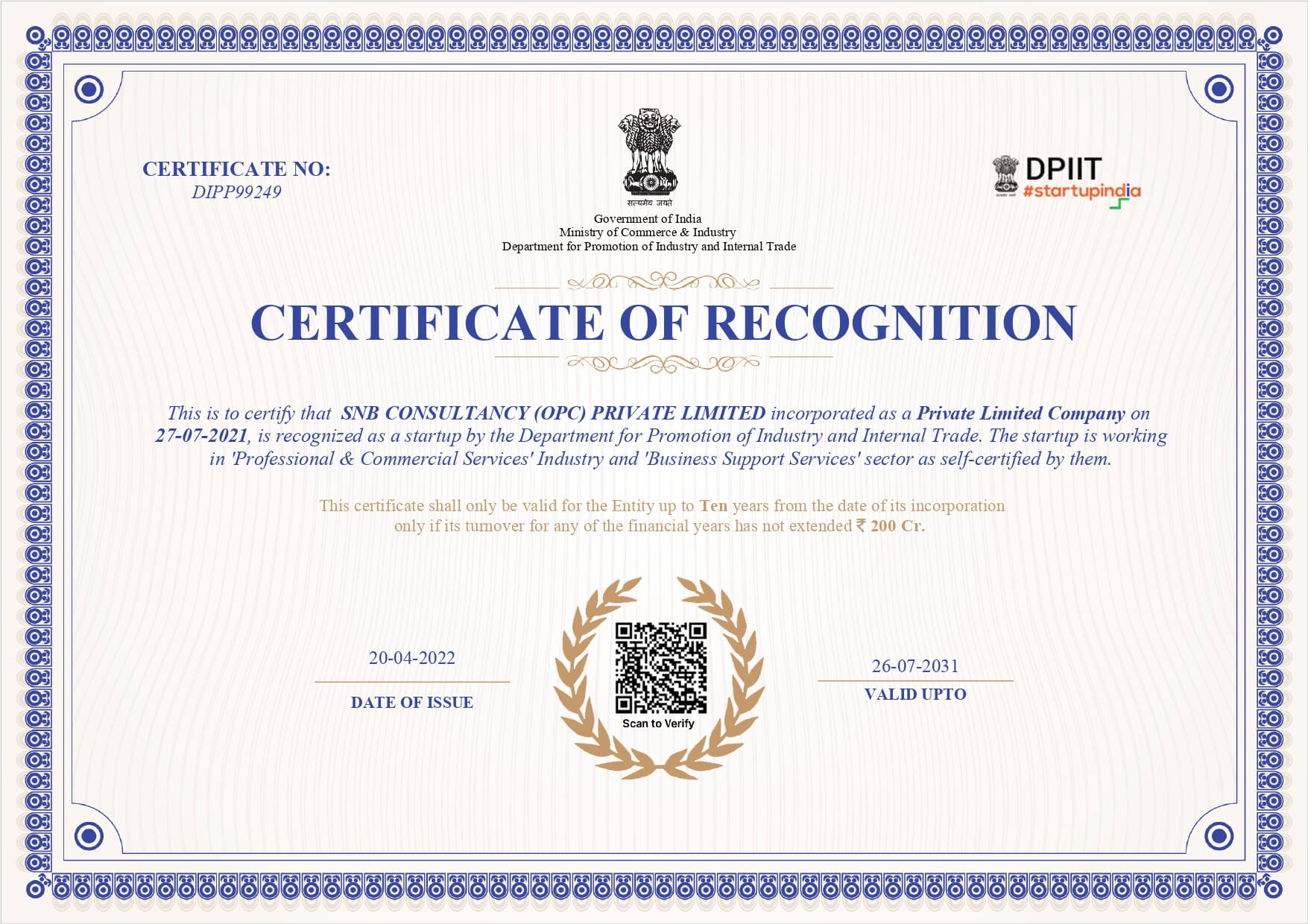 DPIIT Startup Recognition certificate — SNB Consultancy