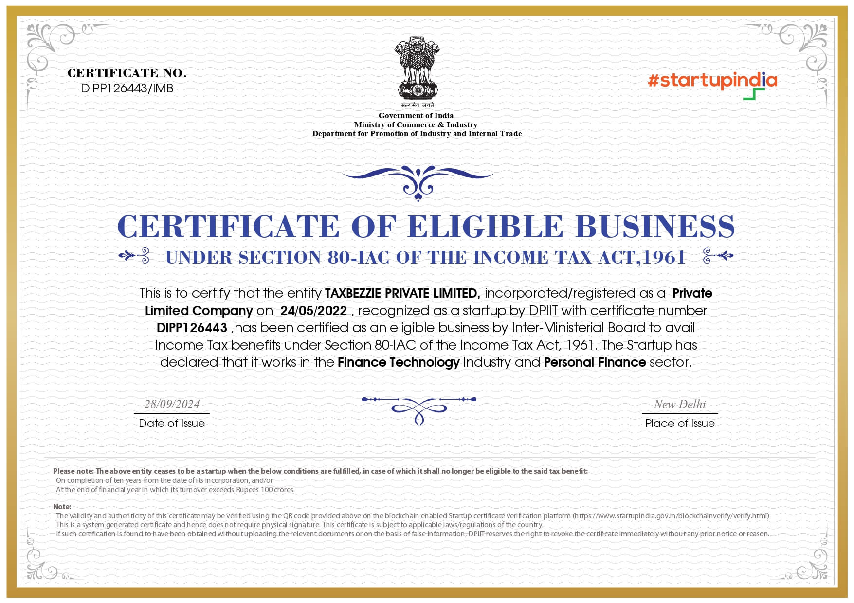 DPIIT recognition certificate secured by SNB Consultancy for Taxbezzie Private Limited