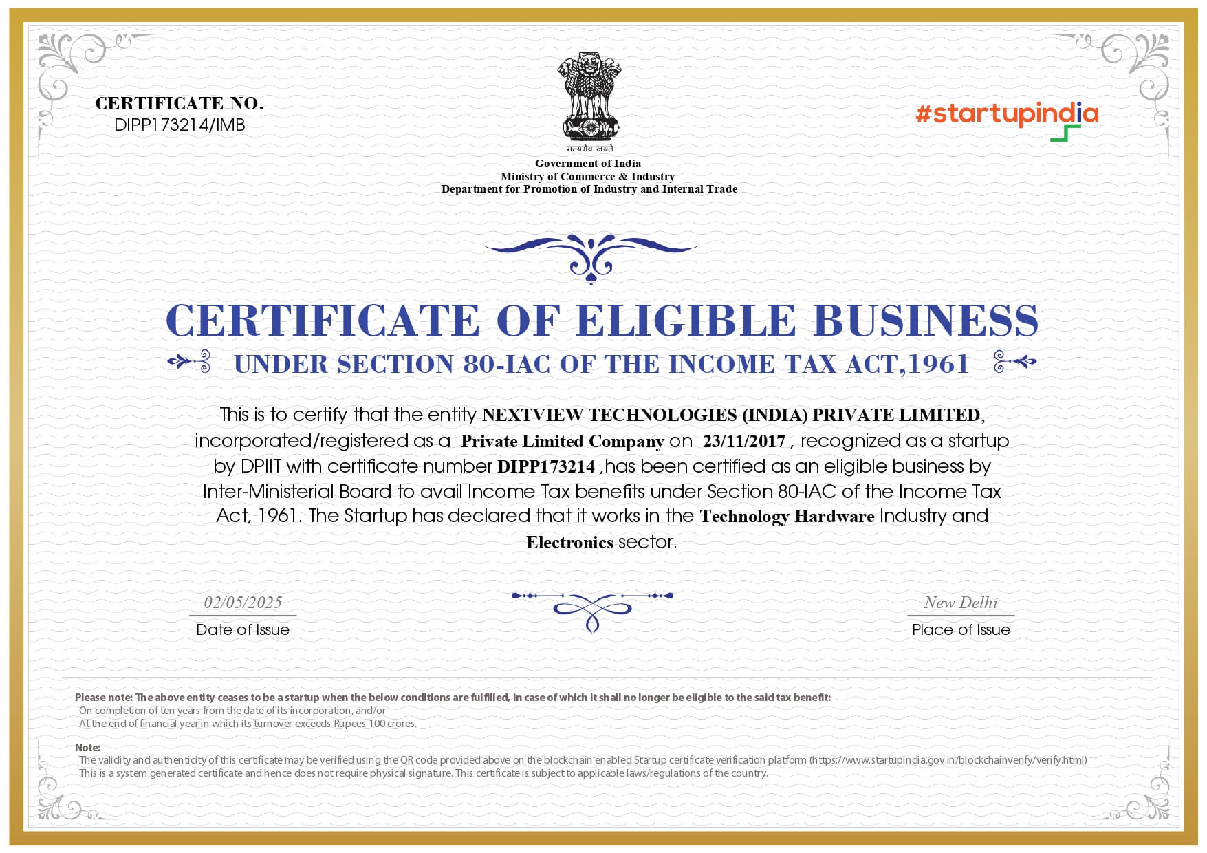 DPIIT recognition certificate secured by SNB Consultancy for Nextview Technologies